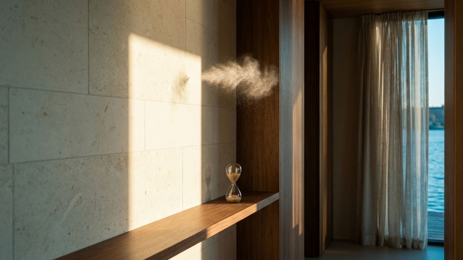 Een wolkje fijne nevel hangt in laag zonlicht voor een lichte stenen wand, met daaronder een kleine zandloper op een houten wandplank en rechts een dun gordijn voor een raam met uitzicht op water
