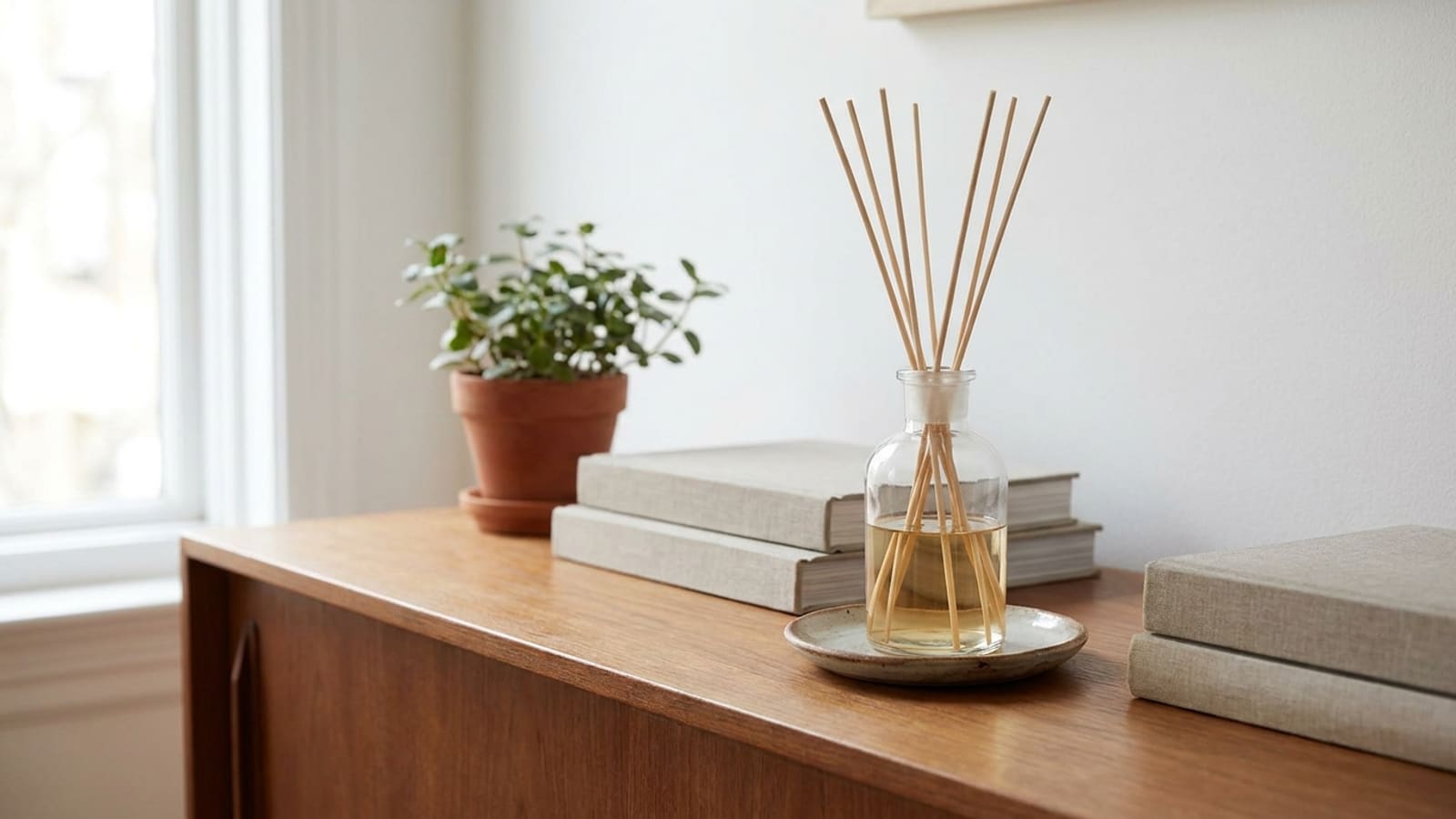 Glazen flesje zonder etiket met lichtgele vloeistof en zeven geurstokjes op een schoteltje, op een houten dressoir met twee stapels grijze boeken en een plantje in een terracottakleurige pot, links een raam