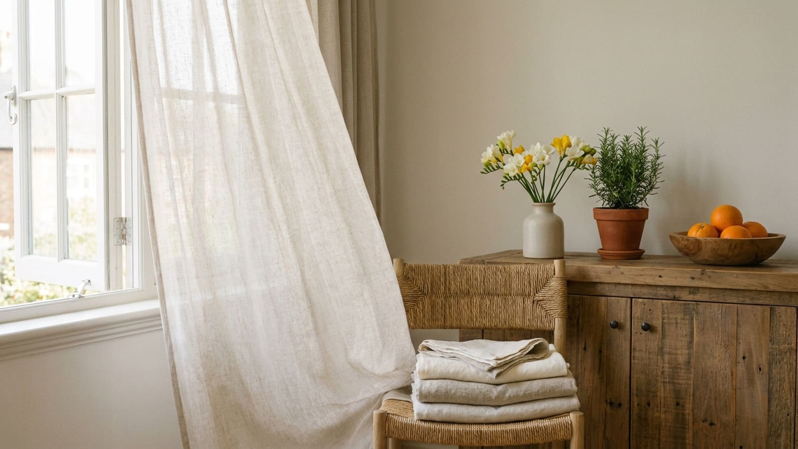 Open raam met een licht gordijn dat opwaait, daarnaast een stoel met een stapel opgevouwen stoffen en een houten kast met een vaas witte en gele bloemen, een groen plantje in een terracottakleurige pot en een schaal sinaasappelen