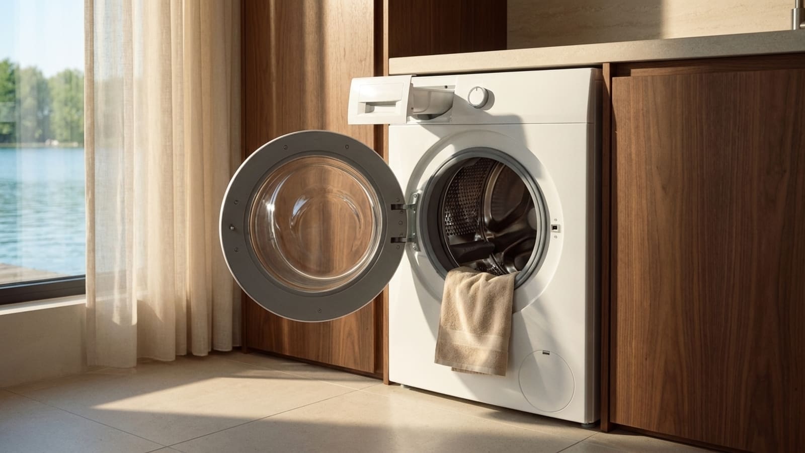 Witte wasmachine met wijd openstaande ronde deur en geopende wasmiddellade, ingebouwd tussen houten kasten, een beige handdoek hangt over de rand van de trommel en laag zonlicht valt door een raam met een licht gordijn op de tegelvloer