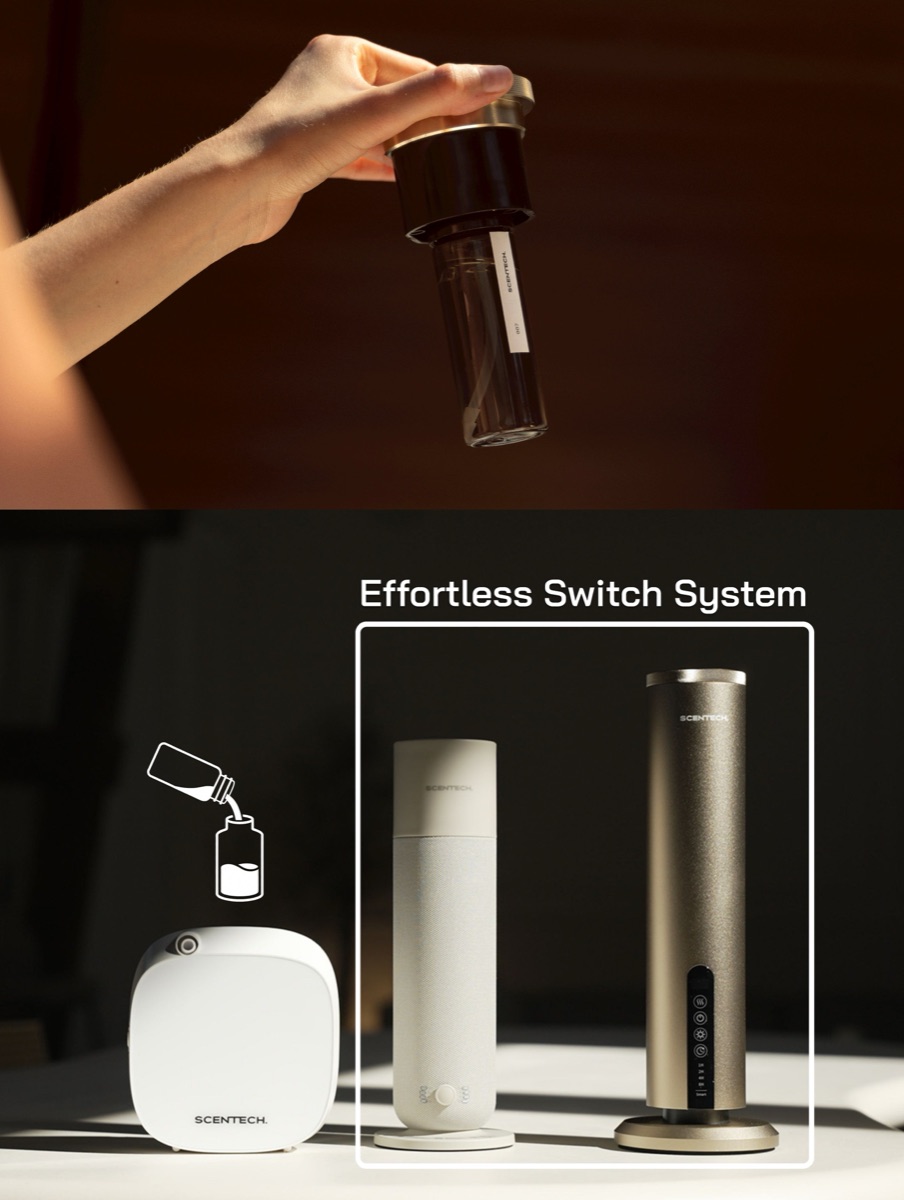 Een ScentPod van 65 ml wordt in de Scentech Smart Aroma Diffuser 2 geklikt